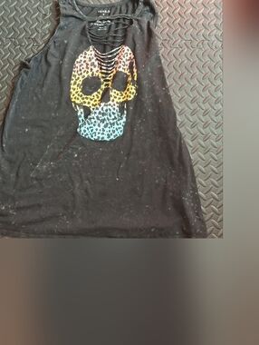Torrid Black Tank Top with Yellow, Orange and Blue Leopard Skull Slim Fit Size 2